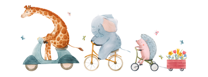 きりんと像とはりねずみが自転車に乗ってる